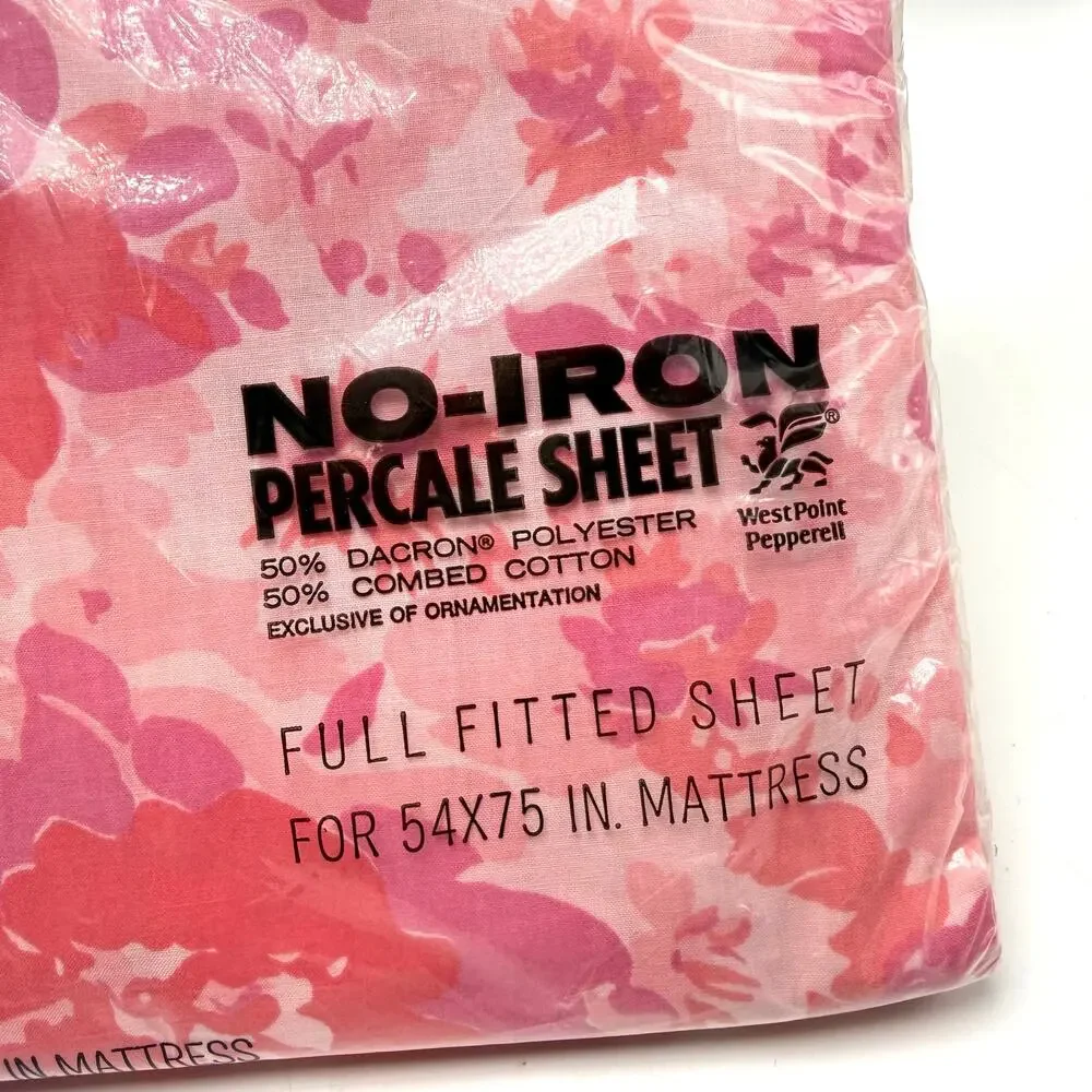 Vintage Martex Pink Floral Full Fitted Bottom Sheet No Iron Percale Made in USA